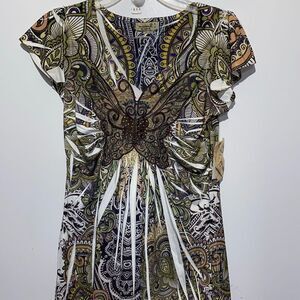 One World Women's Multicolor Butterfly Flowy Tunic Top Sheer Blouse Small NWT